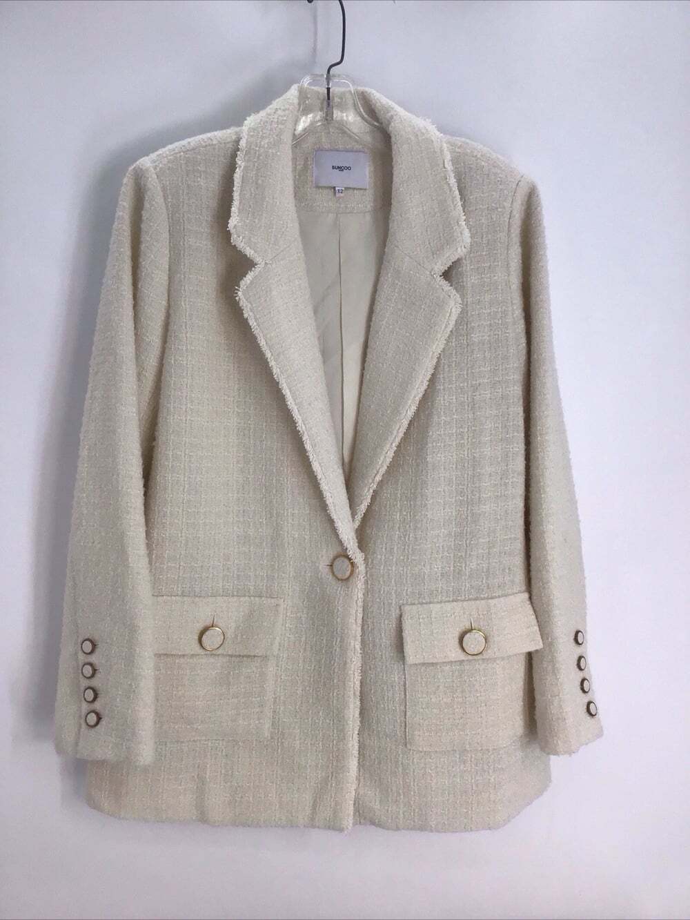 Suncoo Paris Dora Woven Tweed Bouclé Frayed Jacket Chic Classic Creme Size T2